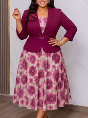 Flower Detail Blazer and Floral Midi Dress Set