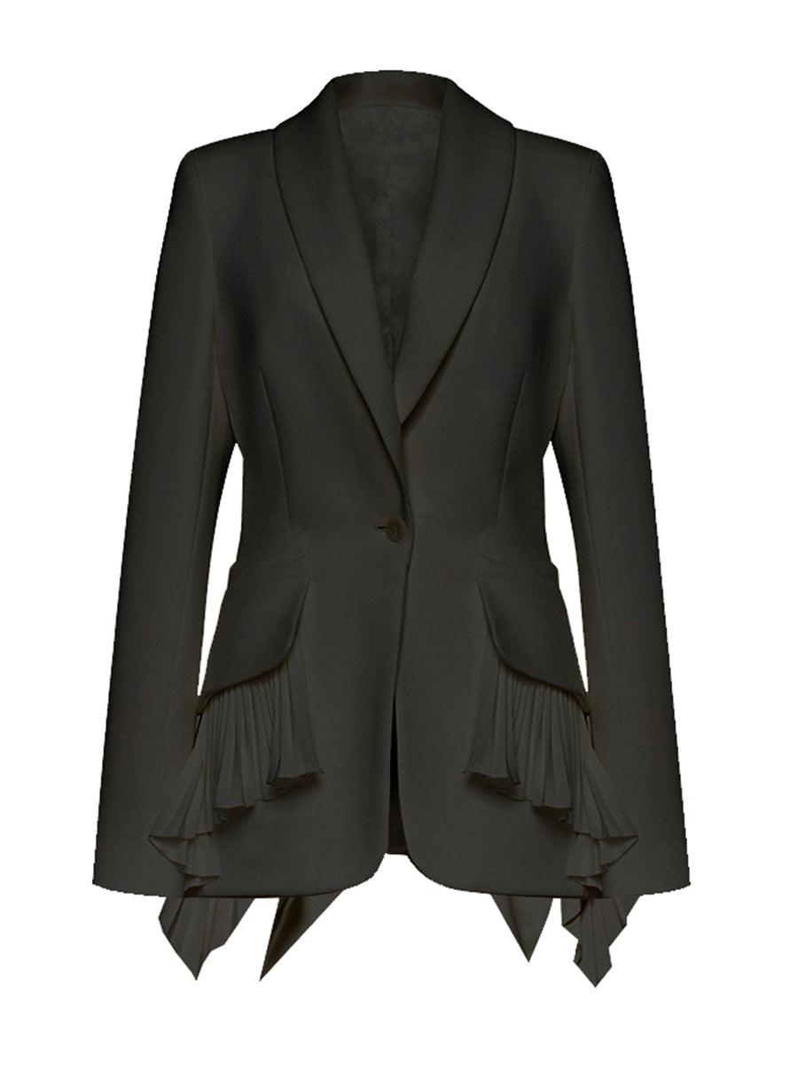 Classy Shawl Collar Cinched Waist Pleated Ruffle Blazer