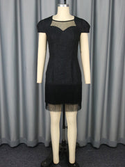 Elegant Mesh Patchwork Fringe Slim Mini Dress