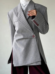 Fashion Notched Collar Striped Slim Slit Blazer