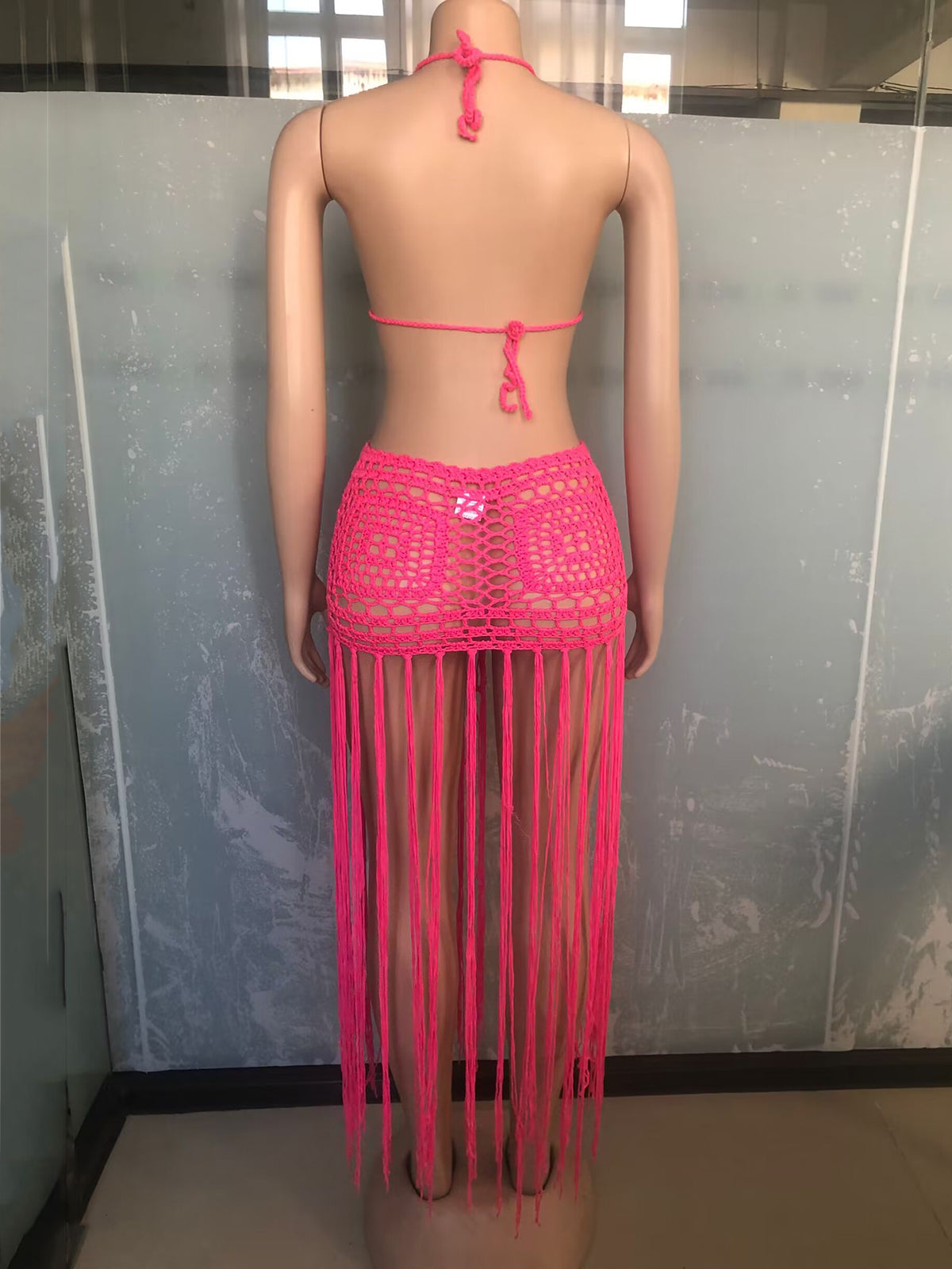 Knitted Crochet Bra Top with Long Tassel Skirt Sets