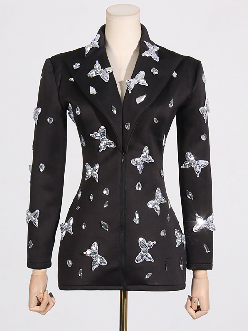 Sparkly Lapel Zip Up Butterfly Sequin Blazer