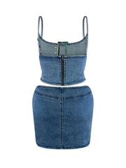 Hollow Out Crop Denim Top Skirt Two Piece Set