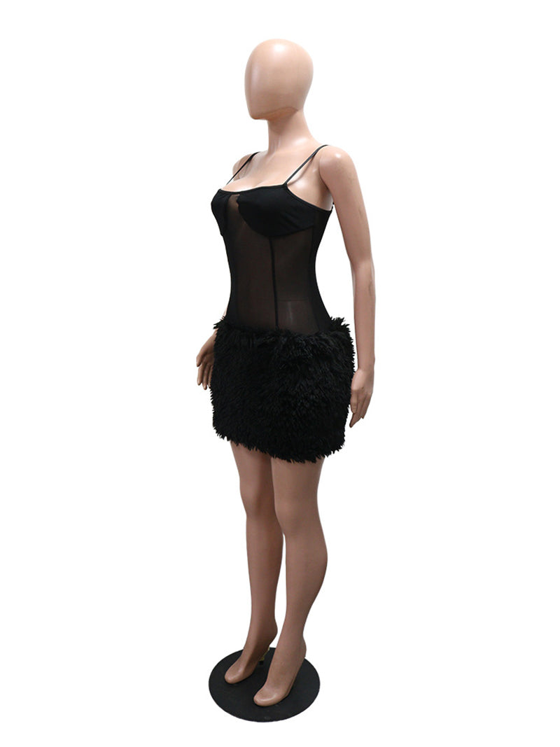 Sexy Sheer Mesh Patchwork Fluff Sleeveless Mini Dress