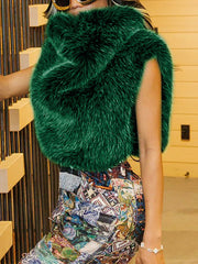 Sexy Faux Fur High Collar Sleeveless Top