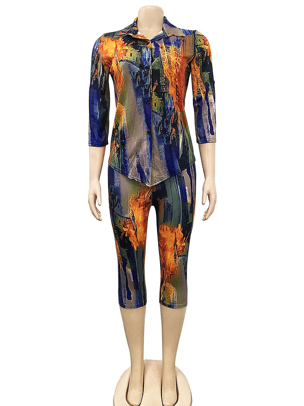 Print Turn-Down Collar Shirt Shorts 2 Piece Casual Sets