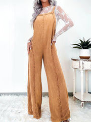 Vintage Washed Raw Edge Wide Legs Overalls Jumpsuit