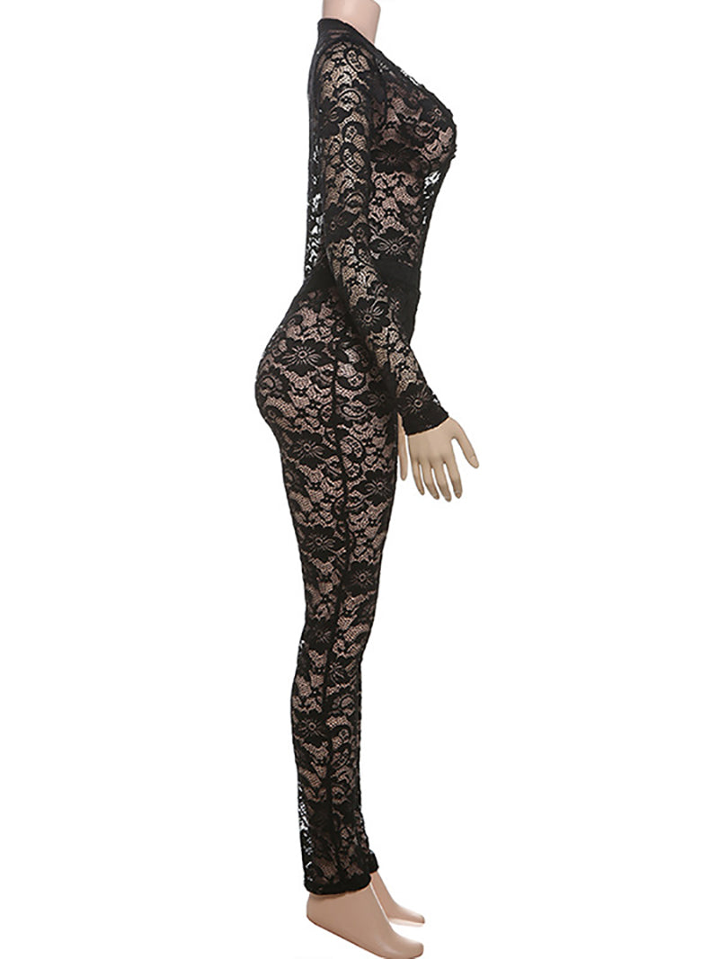 V Neck Lace See Through Top Skinny Pants Set