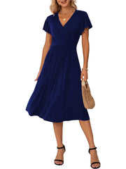 Casual Ruffle Wrap V Neck High Waist Midi Dress