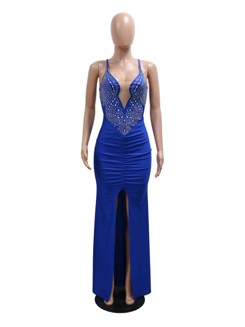 Rhinestones Backless High Split Maxi Dress