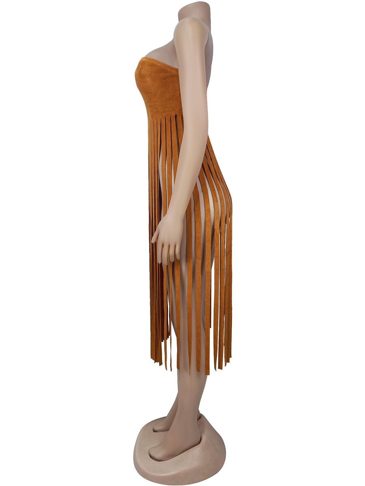 Sexy Suede Strapless Solid Fringe Dress