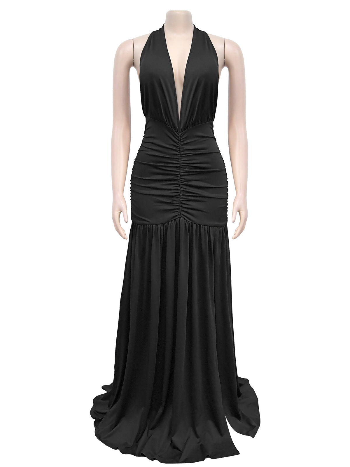 Sexy Deep V Neck Backless Ruched High Split Maxi Dress