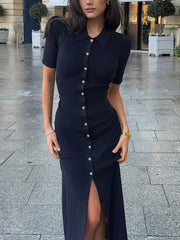 Fashion Turn-down Collar Button Slim Midi Dress