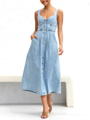 Fashion Denim Suspender Midi Dress