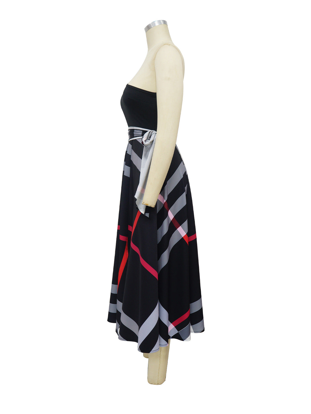 Causal One Shoulder Plaid Print High Waist Slit Dress