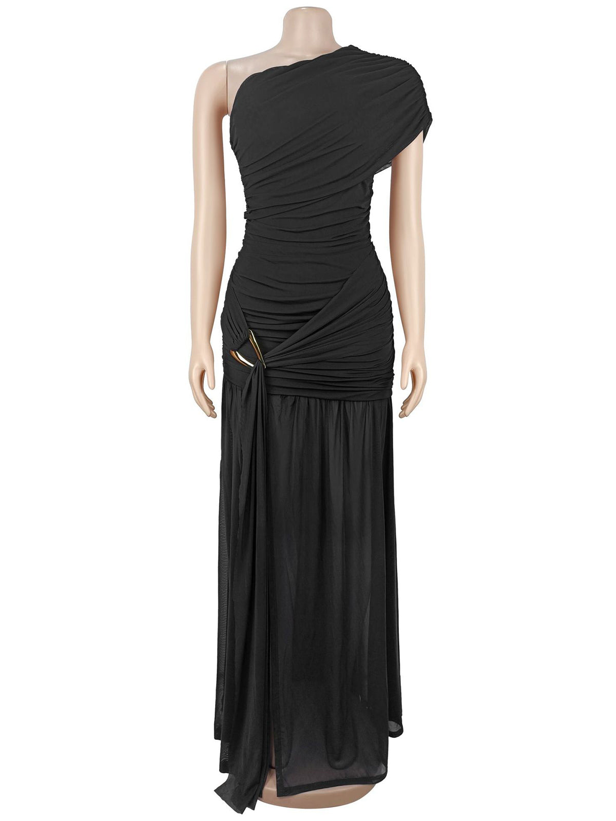 Elegant One-Shoulder Ruched Slit Maxi Dress