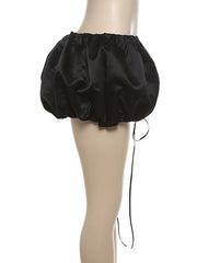 Lace up Solid Ruched Ribbon Mini Skirt