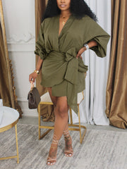 Solid Color Patchwork Ruched Strap V Neck Wrapped Dress