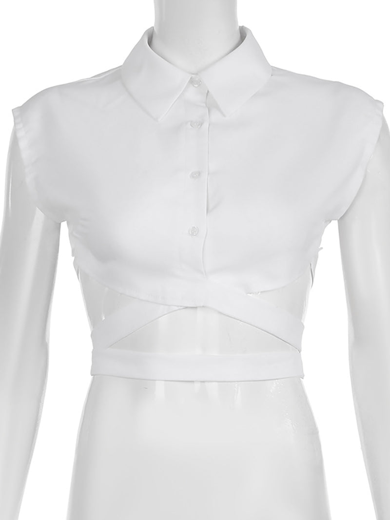 Lapel Crop Top Single Breasted Bandage T Shirt