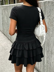 Round Neck Ruched Waist Tiered Ruffle Mini Dress