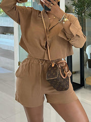 Casual Solid Color Long Sleeve Shorts Two Piece Set