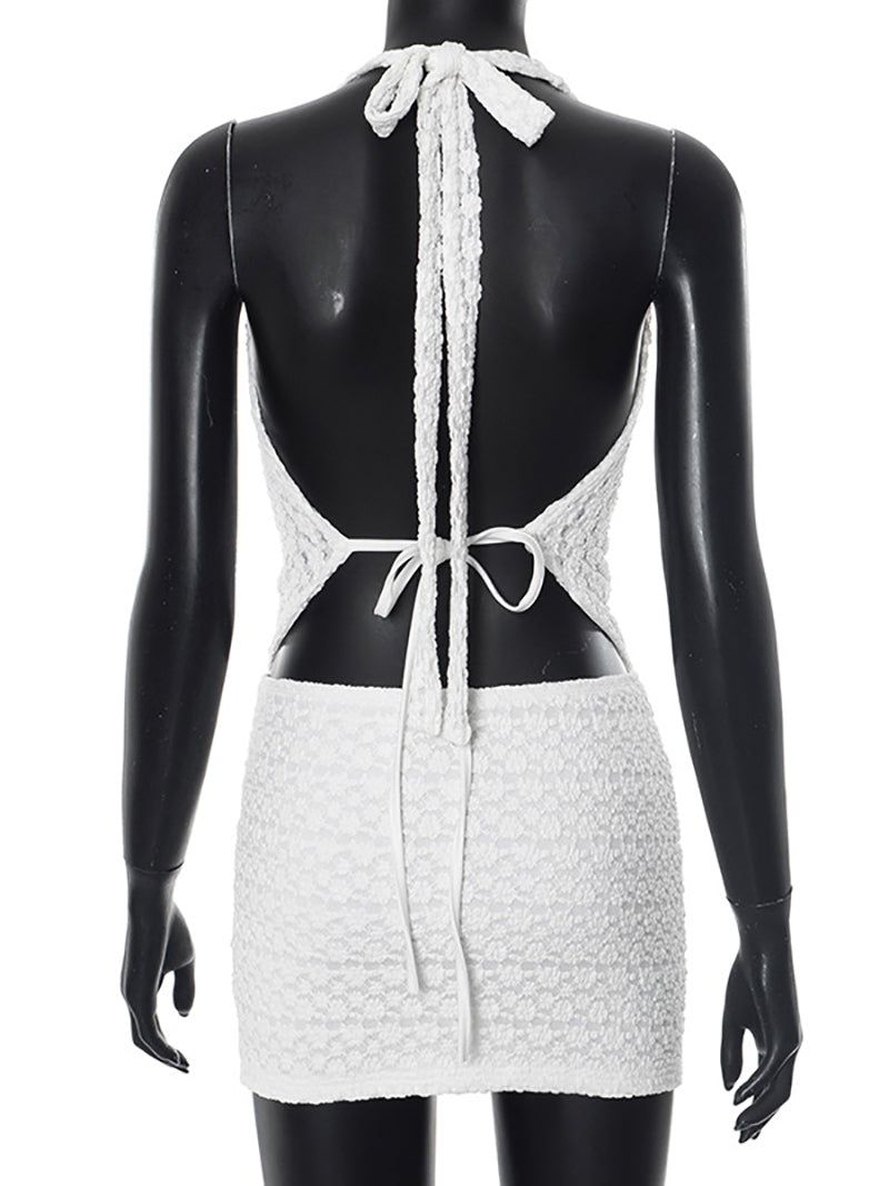 Sexy Lace Halter Lace-up Mini Skirt Beach Two Piece Set