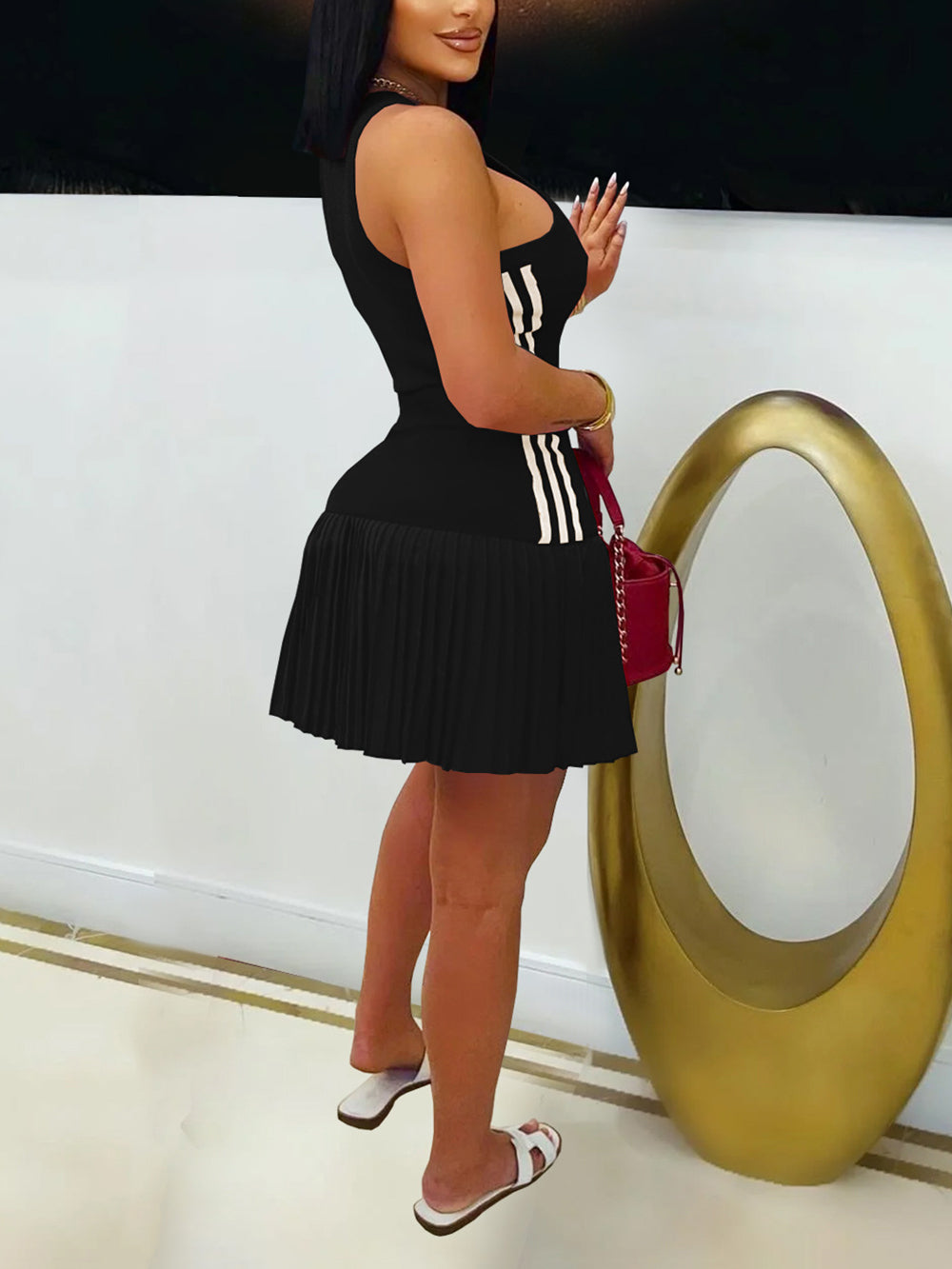 Casual Sleeveless O Neck Patchwork Pleated Mini Dress