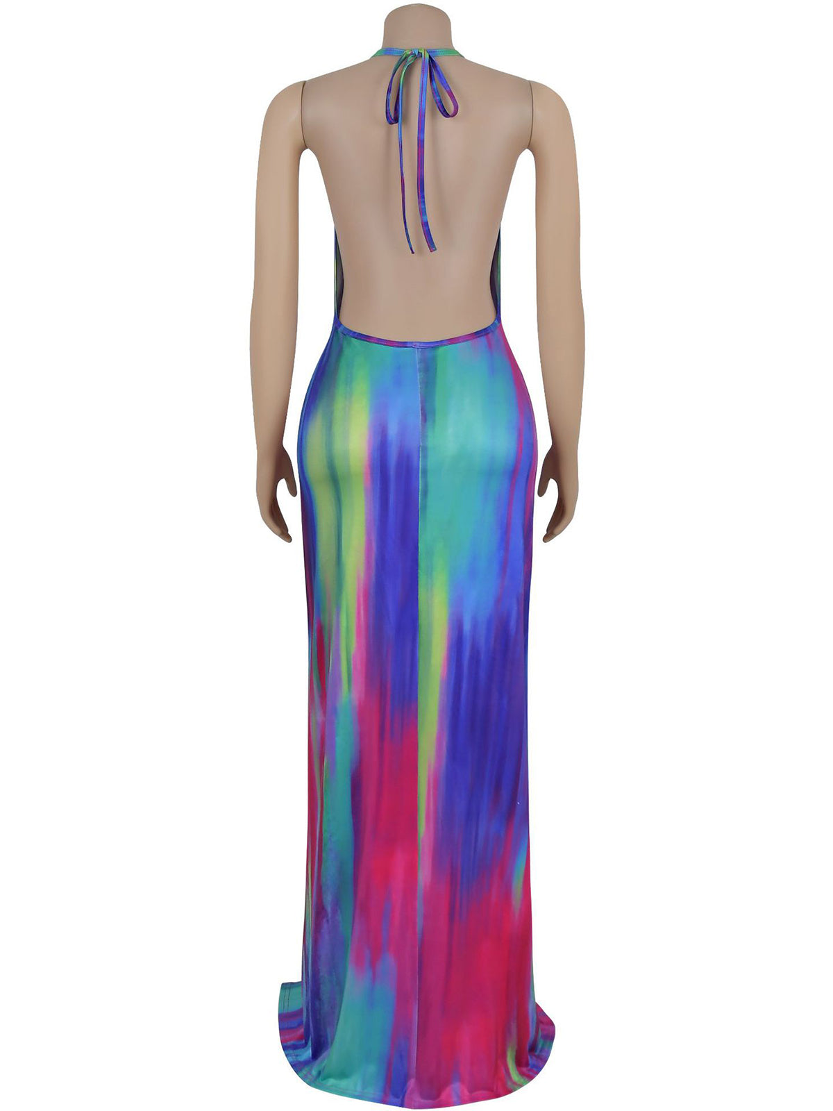 Sexy Halter Backless Gradient Color Ruched Maxi Dress