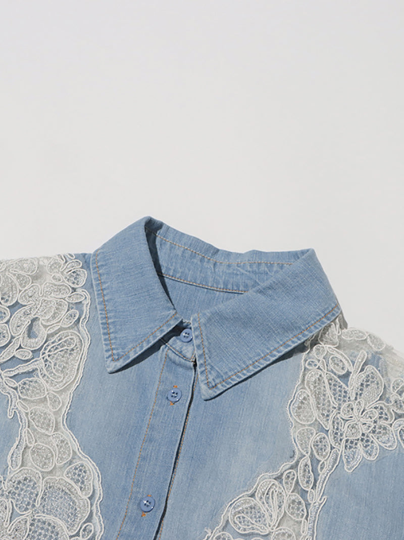 Fashion Denim Lace Denim Shirt -Boutique