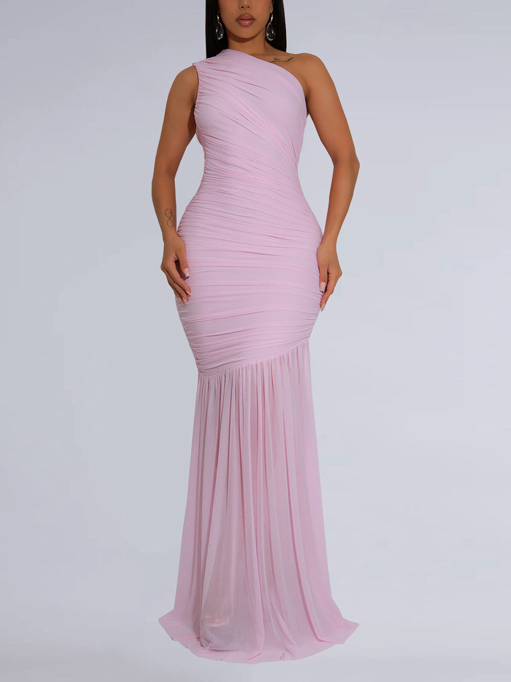 Elegant Mesh See-Through Oblique Collar Maxi Dress