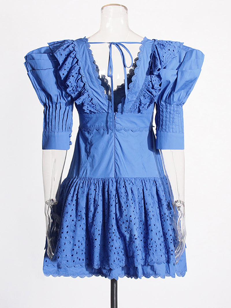 Lace V-Neck Embroidered Ruffled Mini Dress