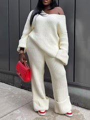 Casual V-Neck Loose Knit Sweater And Pants Set