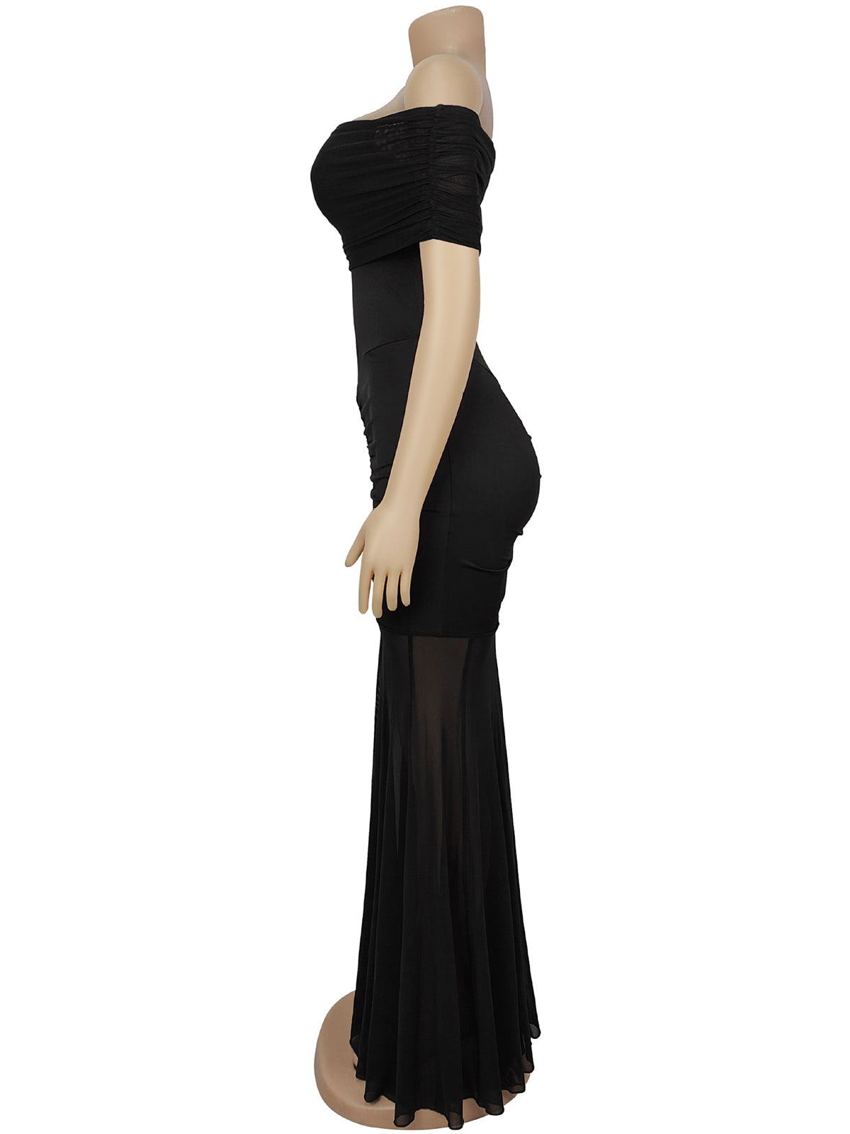 Off Shoulder Mesh Spliced Ruched Bodycon Maxi Dress