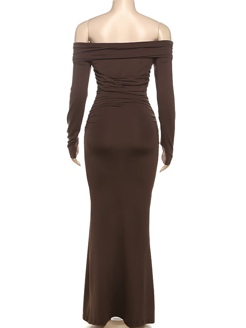 Solid Color Off-Shoulder Ruched Slim Maxi Dress