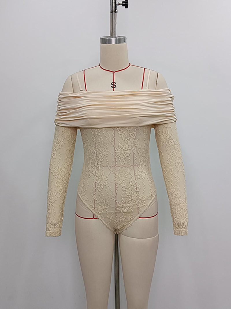Elegant Off Shoulder Ruched Lace Bodysuit