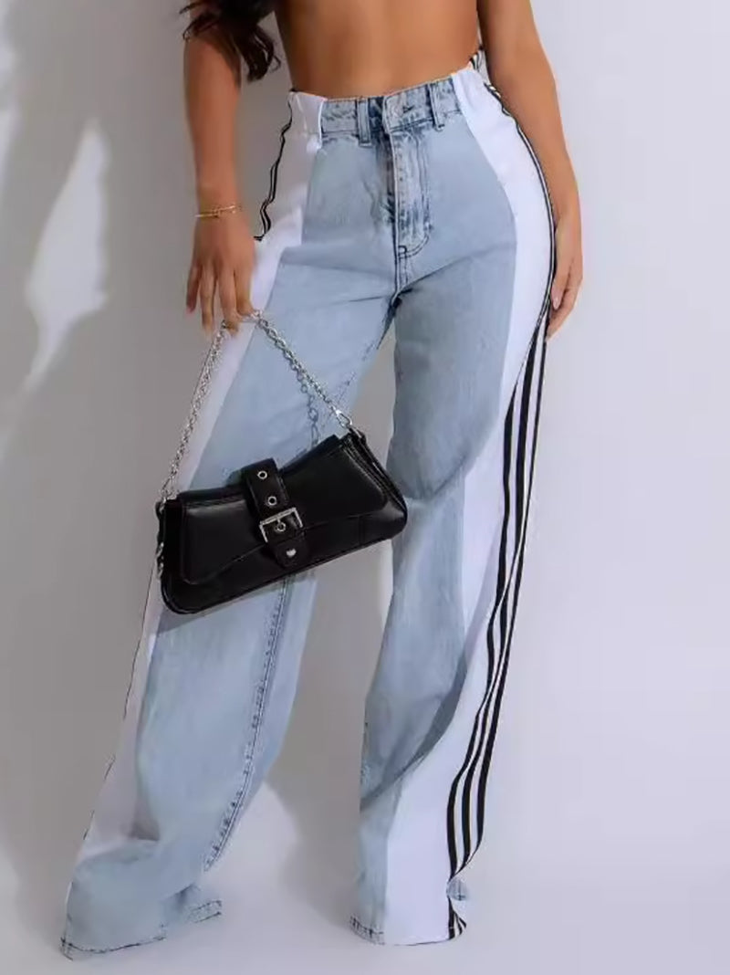 Fashion Patchwork Stripe Elastic High Waist Jeans