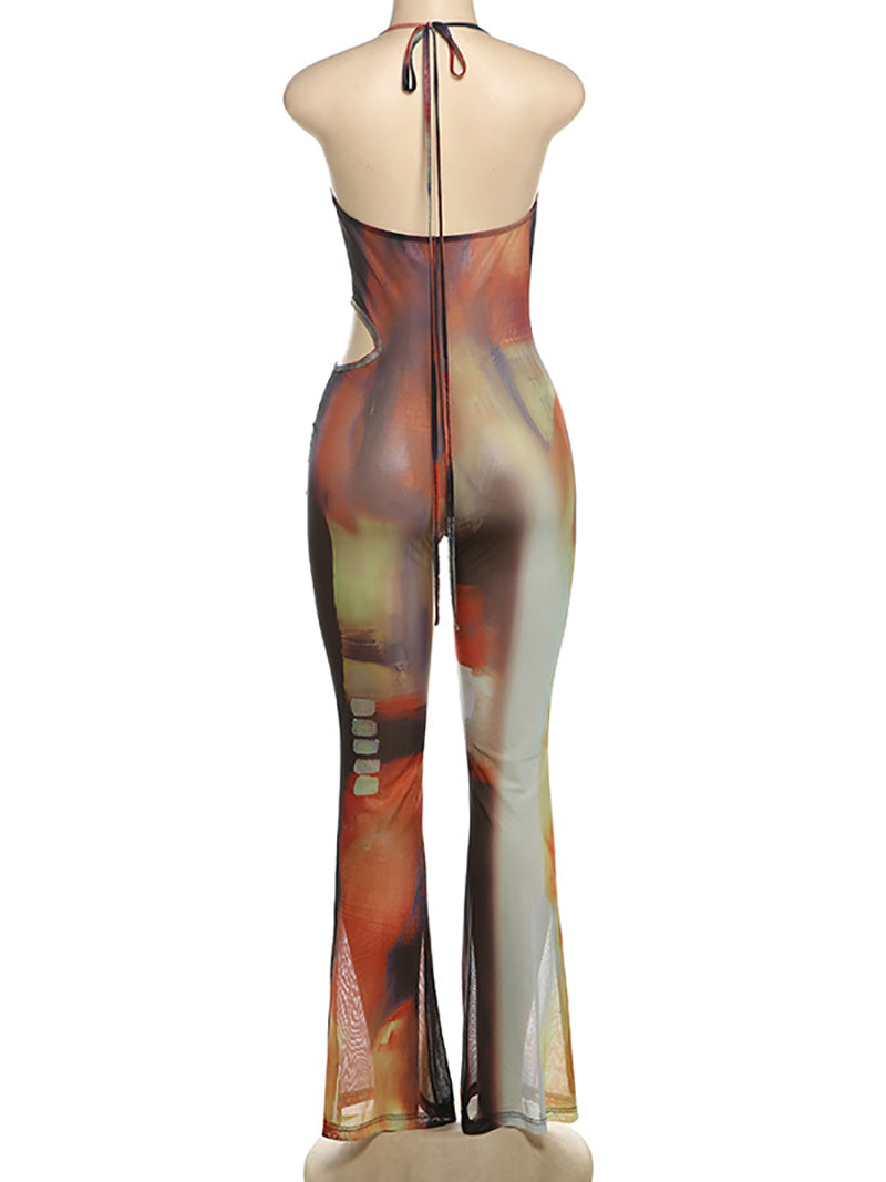 Tie Dye Print Halter Mesh Hollow Out Jumpsuits