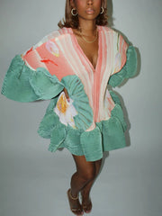 Printed Pleated V Neck Ruffle Sleeve Tunic