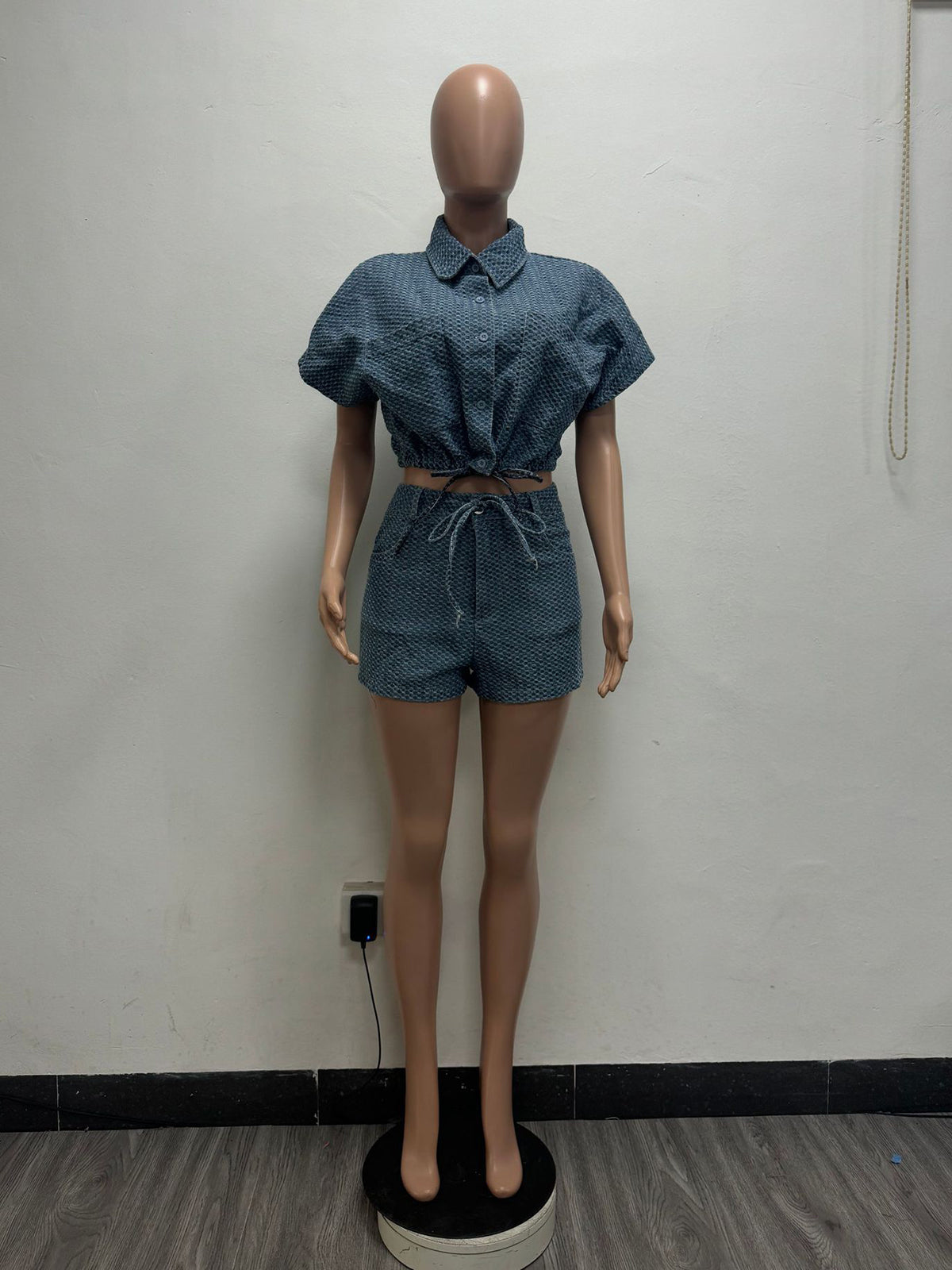Casual Denim Lapel Short-Sleeve Crop Top Short Pants Sets