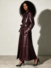 Burgundy Belted Faux Leather Trench Coat-boutique