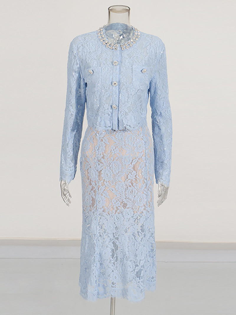Elegant Rhinestone Embellished Lace Midi Skirt Sets