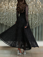 Fashion Glisten Lace See through Pleated Maxi Dress