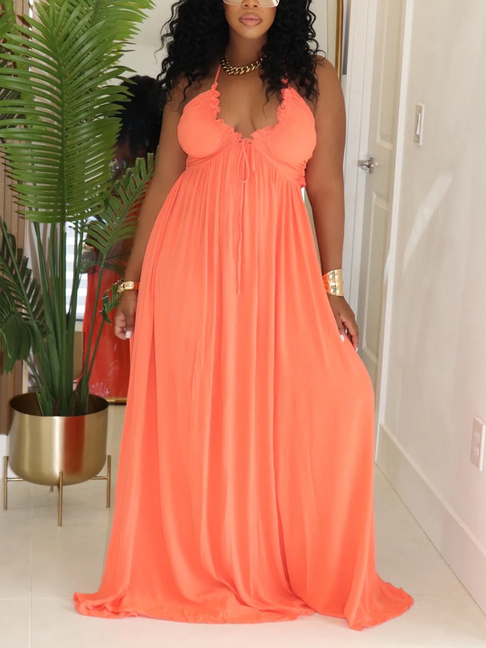 Sexy Drawstring Lace V-Neck Loose Maxi Dress