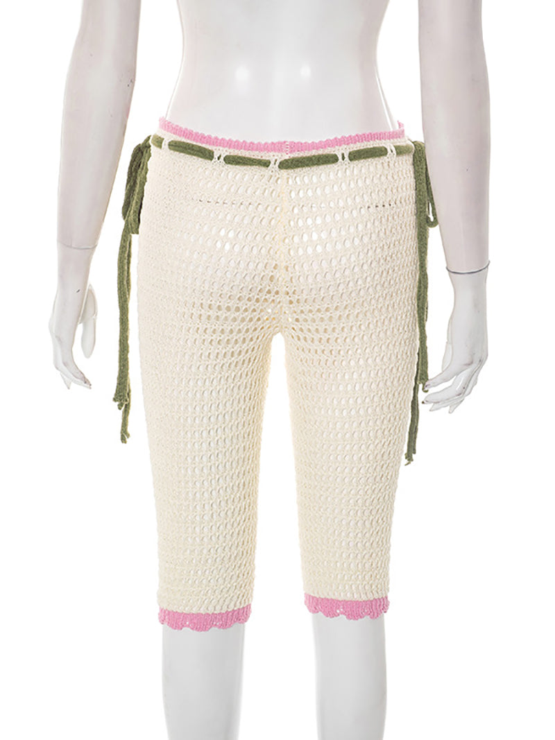 Fashion Hollow out Knit Drawstring Capri Pants