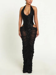 Sexy Halter Sequin Mesh Patchwork Ruched Maxi Dress