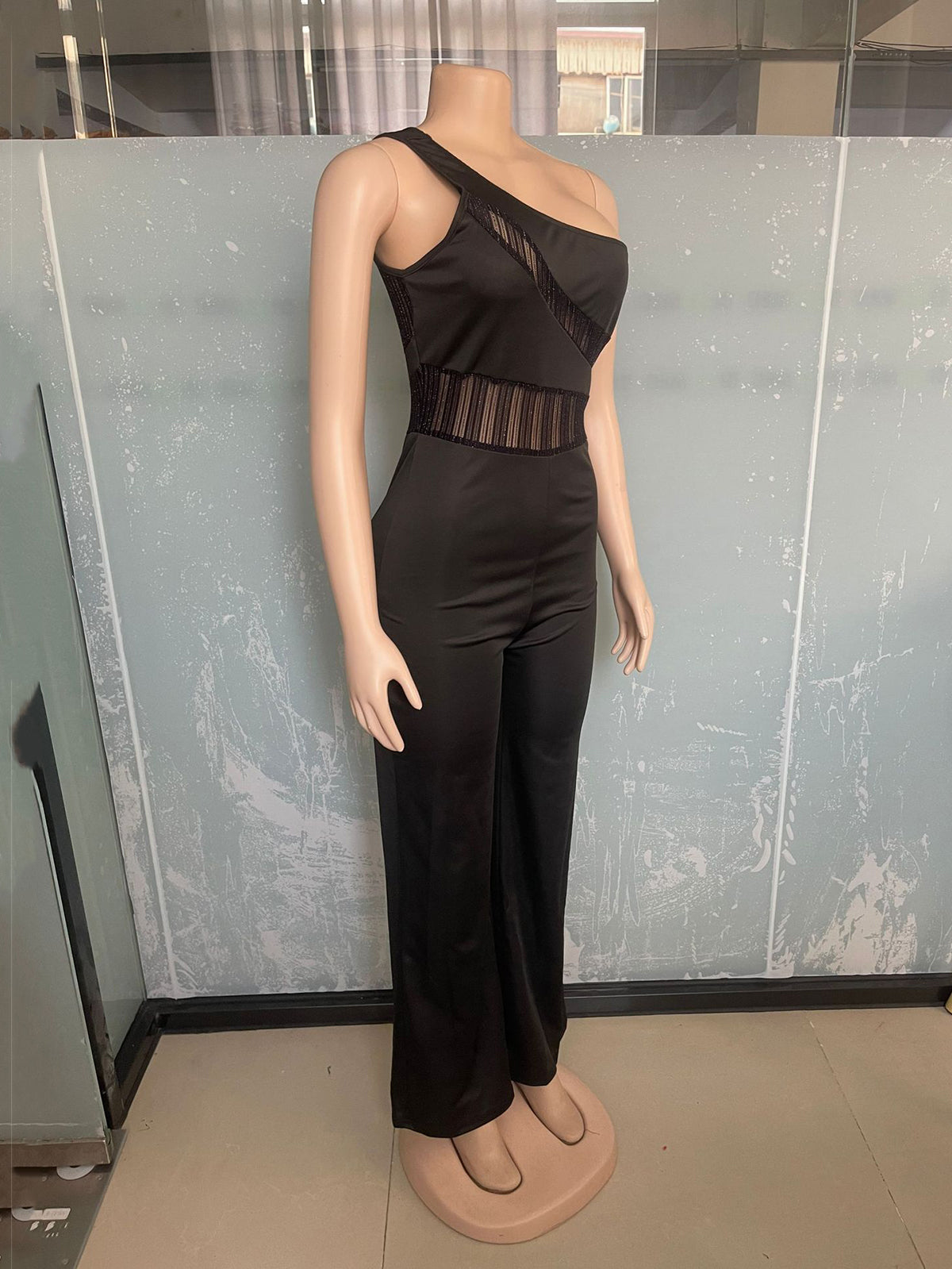 Sexy One Shoulder Slit Sleeve High Waist Jumpsuit