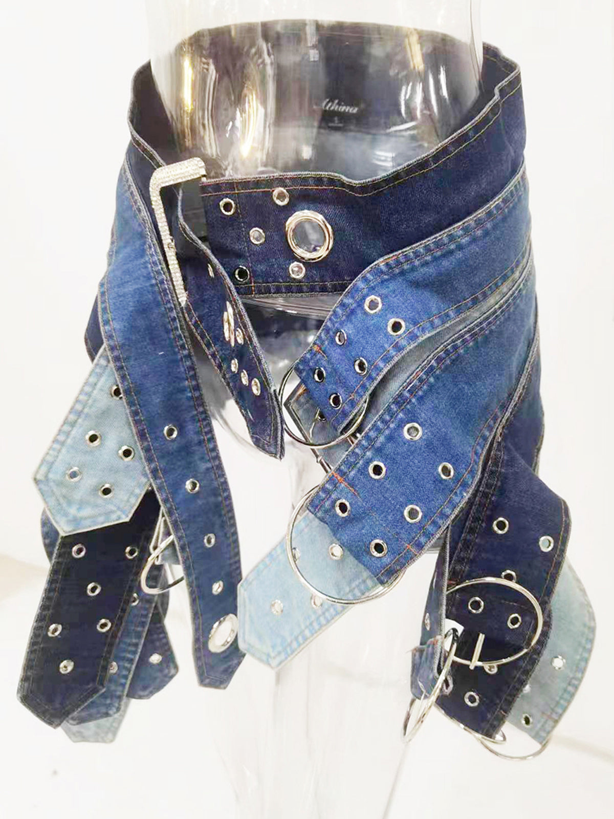 Irregular Metal Hole Belt Spliced A-line Denim Skirts