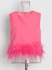 Fashion Round Neck Sleeveless Feather Design Vest Top