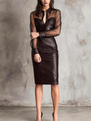 Fashion Mesh Patchwork PU Leather Package Hip Dress