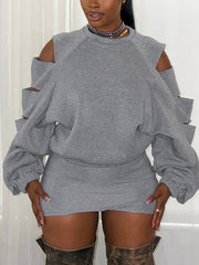 Hollow Out Long Sleeve Crewneck Mini Skirt Sets